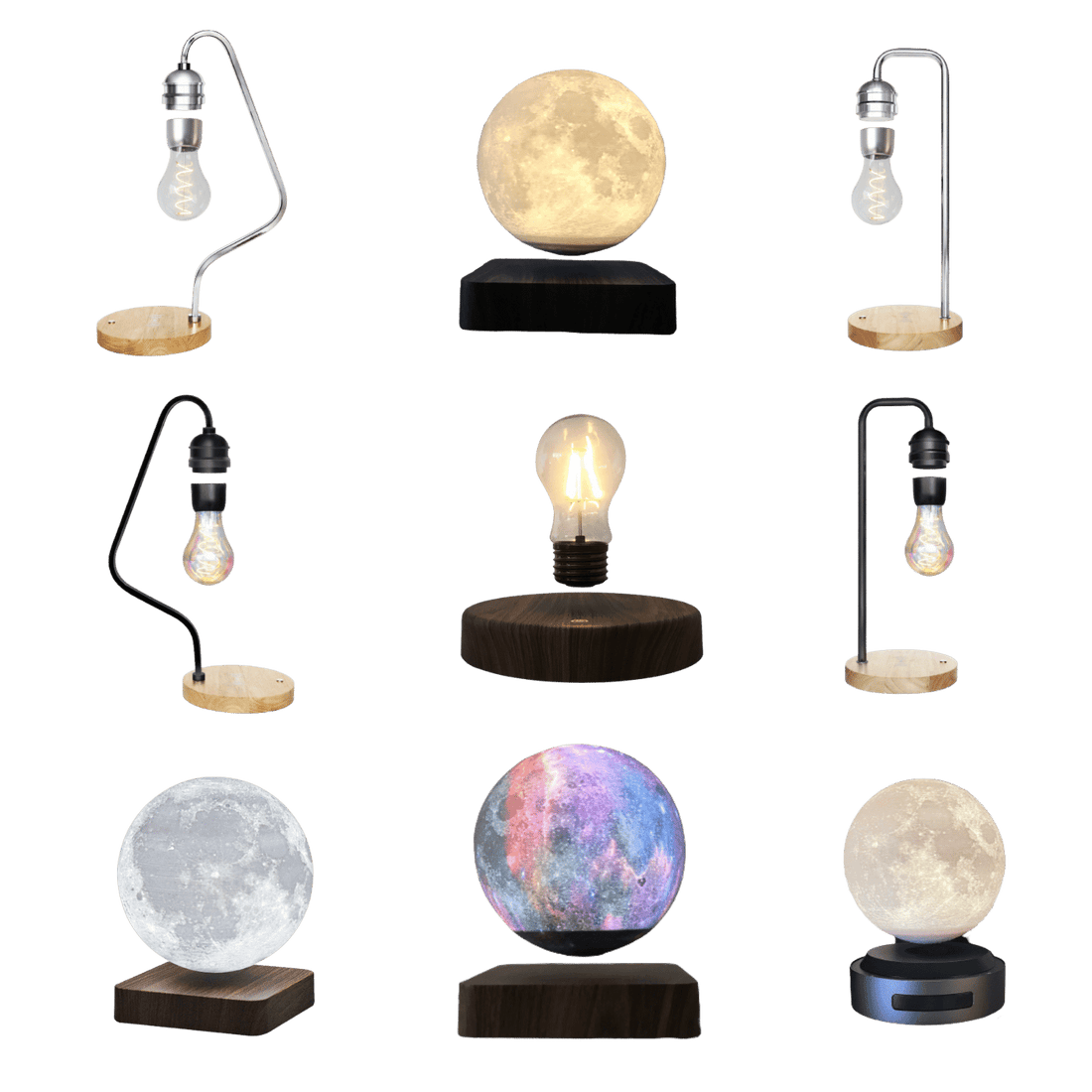 Different Magnetic Levitating Lamps in different colors, shapes and sizes. 