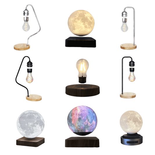 Different Magnetic Levitating Lamps in different colors, shapes and sizes. 