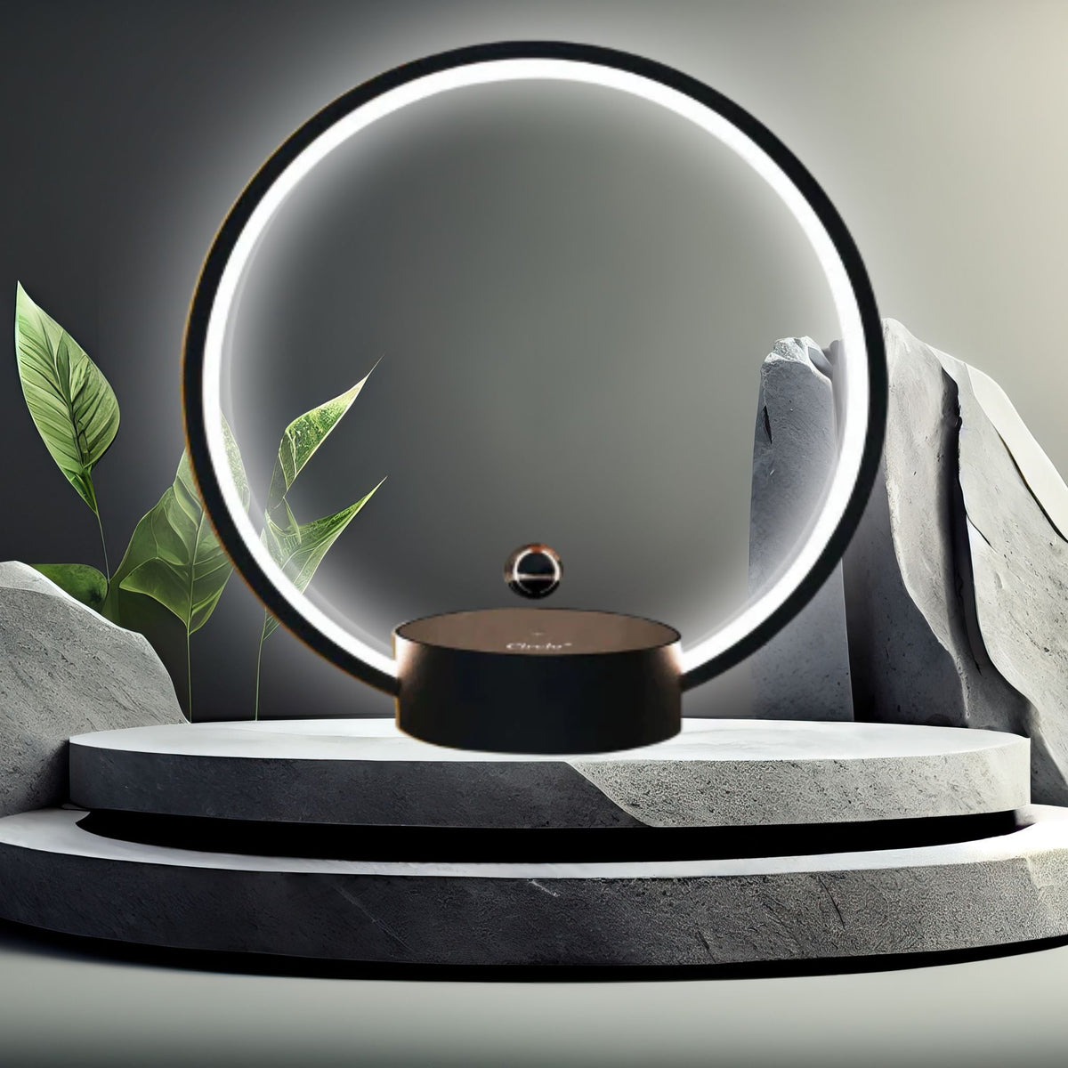 Modern levitating lamp with glowing LED ring